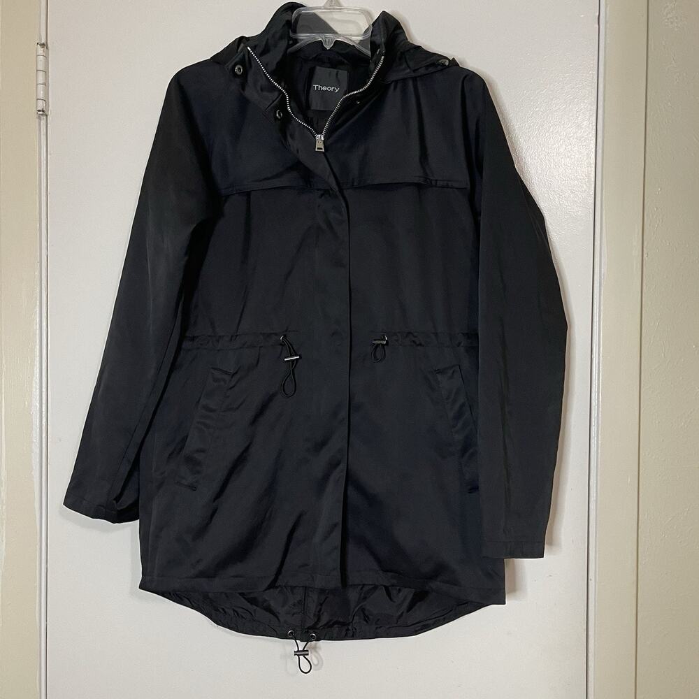 Theory Black Addison Jacket Luxe Sheen drawstring mid length hidden hood Small